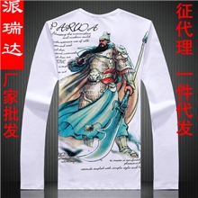 派瑞达厂家批发男式t恤男装圆领长袖T恤中国风关公8158#一件代发