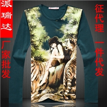 男士t恤圆领长袖男装中国风老虎美女印花代发货派瑞达厂家批发