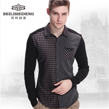 秋冬男装衬衫新品时尚格子拼接高档男士衬衣商务休闲长袖衬衫