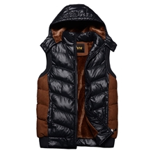 保暖男马甲批发提供时尚拼色连帽款男式马甲新款加绒马甲男