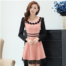 2013秋冬季新款韩版女装时尚甜美淑女显瘦花边收腰打底长袖连衣裙