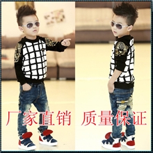 时尚小衣秋冬款男童黑白格子双层加厚不倒绒打底衫童装批发