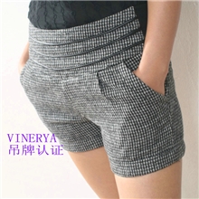 D8261秋冬女装松紧腰PU皮包边女式休闲裤千鸟格子毛呢短裤女裤子