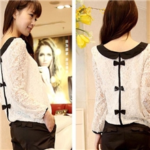 2013新款韩版蕾丝拼接蝴蝶结娃娃领雪纺衫（一件起批）