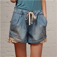 2013夏季女装大码牛仔短裤胖MM显瘦蕾丝花边松紧宽松牛仔短裤热裤