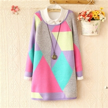 E3871-2013秋新款女装韩版宽松几何图案撞色百搭针织衫毛衣