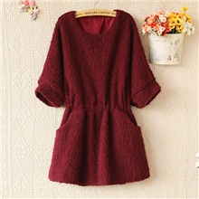 E4784-2013秋新款韩版圆领蝙蝠中袖收腰宽松保暖连衣裙