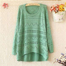 E3080-2013秋新款女装韩版宽松卷边圆领长袖镂空针织衫