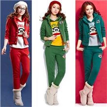 外贸原单2013新款女装抓绒加厚卫衣三件套卡通猴休闲运动套装