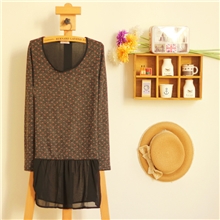 外贸女装新款日系HJBF毛青波点雪纺拼接百褶裙修身显瘦长袖连衣裙