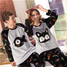 淘宝日韩冬季法兰绒卡通睡衣猫鱼家居服情侣男女套装批发HFF66