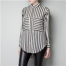 2013春季新款欧美女装大口袋黑白条纹衬衫雪纺衬衫女装