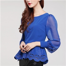 2013春季新款女衬衫钩花镂空下摆修身OL通勤打底圆领上衣三色