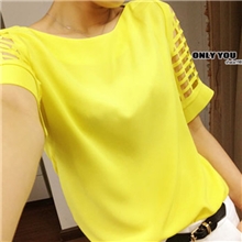 夏季新款女装新款韩国一字领镂空短袖糖果色雪纺衫T恤9808
