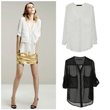 厂家直销女款雪纺衬衫黑白纯色长袖透视女衬衣大口袋休闲女装