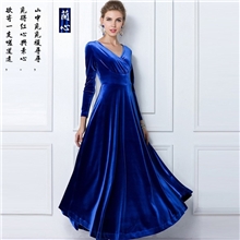 2013秋冬大码女装欧美外贸长袖V领长款大摆拖地金丝绒长裙连衣裙