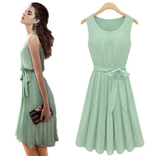 2013夏季女装欧美外贸通勤无袖系带背心修身纯色百褶裙雪纺连衣裙