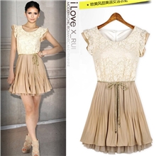 欧美外贸2013夏季女装新款大码无袖系带拼接蕾丝雪纺百褶裙连衣裙