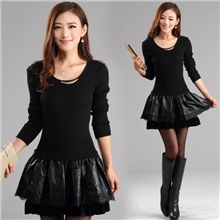 2013秋冬时尚中长款连衣裙圆领羊毛衫皮裙蕾丝边拼接公主裙批发