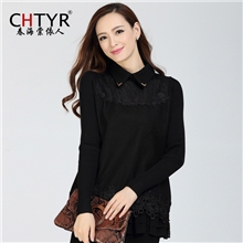 冬装新款女装毛呢拼接毛衣针织翻领蕾丝打底衫宽松羊毛衫女长袖