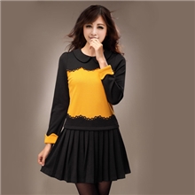 大码女装撞色拼接百褶裙胖mm显瘦秋冬长袖连衣裙服装胖人批发绮娑