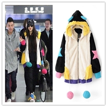 2013秋冬新款五彩潮装拼接毛毛球外套|女式外套范冰冰同款女外套