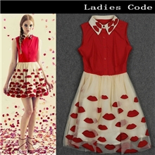 2013秋欧美新款女装连衣裙红色欧根纱嘴唇绣花女装连衣裙5321