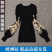 6402欧美精品女装针织灯笼绣花长袖打底衫修身薄毛衣冬装批发