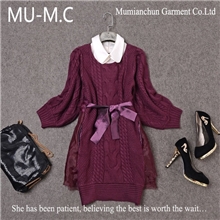 6585微信代理卓雅翻领宽松针织勾花七分袖连衣裙秋冬装批发