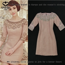 秋冬欧洲站菁菁秀同款裙高档一字领重工钉珠镶钻名媛羊毛呢连衣裙