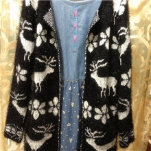 新款韩版马海毛宽松大码小鹿图毛衣开衫外套中长款加厚针织衫女秋