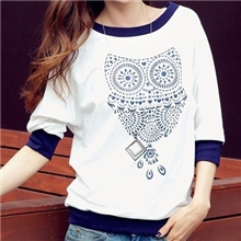 2013秋款独特猫头鹰图案印花长袖圆领中袖五分袖大码女装T恤批发