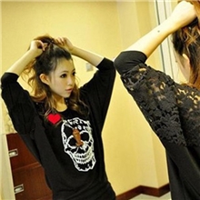 2013夏装新款韩版女装蕾丝拼接蝙蝠袖骷髅头短袖女款t恤打底衫