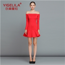 YIGELILA品牌代理红色礼服裙一字领露肩连衣裙新娘伴娘裙6496