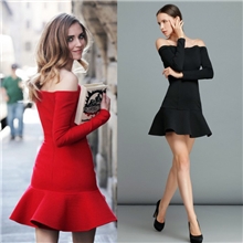 YIGELILA品牌女装秋冬一字领露肩长袖红色正品连衣裙小礼服裙6496