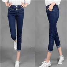 韩版高腰排扣牛仔裤个性显瘦修身弹力铅笔裤小脚裤女七分裤