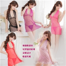 娇媚柔情多色挂脖透明薄纱性感睡裙情趣内衣睡裙性感睡衣后粉