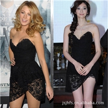 DK71欧美原单绯闻女孩同款抹胸黑色蕾丝宴会短款小礼服连衣裙