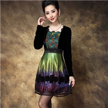 中老年女装欧美高端高档手工订珠片丝绒长袖连衣裙批发爆款Q88