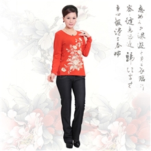 中老年女装秋款长袖花案贴钻全棉秋衣中年时尚美感年轻妈妈装T恤