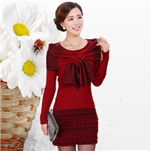 2013秋冬新款中老年长袖针织衫中长款连衣裙戴围巾打底衫