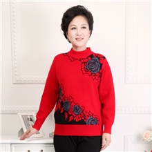 厂家批中老年女装半高领妈妈装印花针织衫镶钻毛衣打底衫
