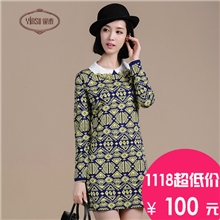 银素2013冬娃娃领印花中长款毛衣女韩版加厚套头修身毛衣裙批发