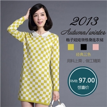 秋冬新女式毛衣格子娃娃领中长款修身连衣裙套头针织衫毛衣批发