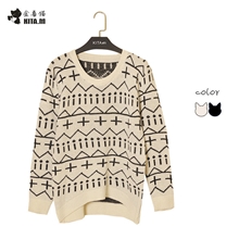 韩版十字图案宽松套头日系学院风毛衣外套女