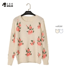 13秋冬新款韩国爆款复古毛茸茸玫瑰花毛衣套头马海毛针织衫