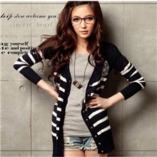 大厂批发2013秋季海军条纹长袖针织衫开衫女装带徽章中长款