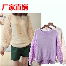 厂家直销韩版爆款雪纺立体玫瑰袖宽松套头针织衫毛衣318#