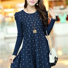 X932,瑞丽中长款圆点泡泡袖时尚新款女式秋冬季服装