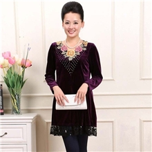 女老年大码连衣裙中老年女装金丝绒刺绣v领长袖中老年外套